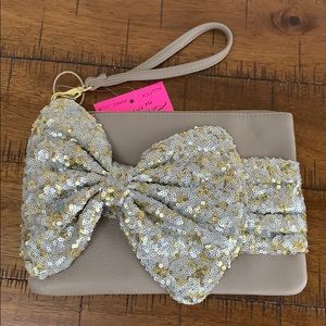 Gold and Silver Sequin Bow Leather Clutch Bag